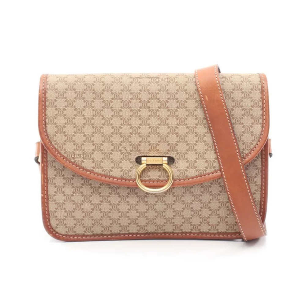 Celine Macadam Shoulder Bag Canvas Leather Beige Cream Brown